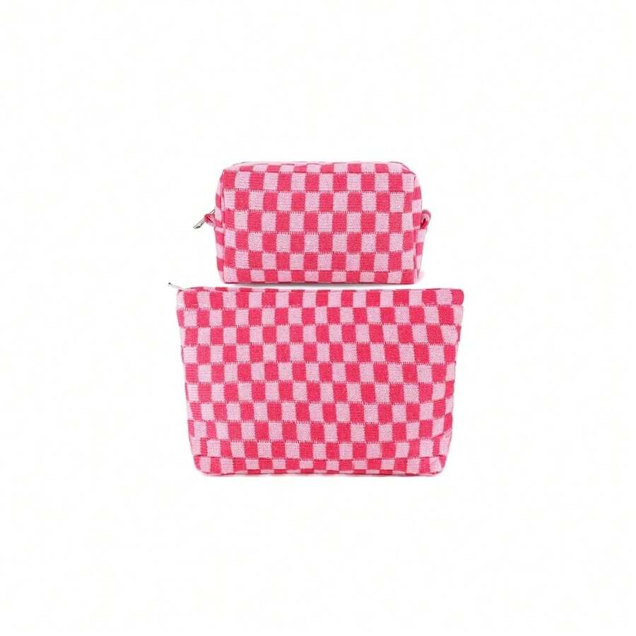 ZLFSRQ 2Pcs Makeup Bag Checkered Cosmetic Bag Set Travel Toiletry Bags For Purse Large Small Makeup Pouch For Women Cute Preppy Pencil Pouch Case Pink Zipper Skincare Bags - B-格子2件裝混合粉紅色 - 查看 1