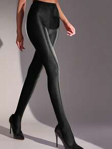 1pc Lightweight, Shiny, Stretchy, Elegant, Slim-Fit Leggings, Versatile For Spring/Summer - Black - View 4