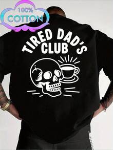 Men's Funny Dad T-Shirt With Back Print Fatigue Dad Club & Coffee Cup Skull Design - Black - View 12
