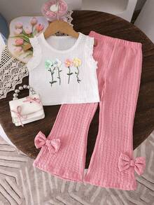 少女碎花背心和松紧腰裤可爱休闲旅行套装 - 白色 - 查看 1