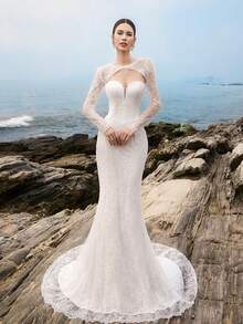 HEARBOBO Luxurious Beaded New Year White Lace Formal Dress, Mermaid Fairy Mermaid Wedding Dress Bridal, Valentine's Day - White - View 5