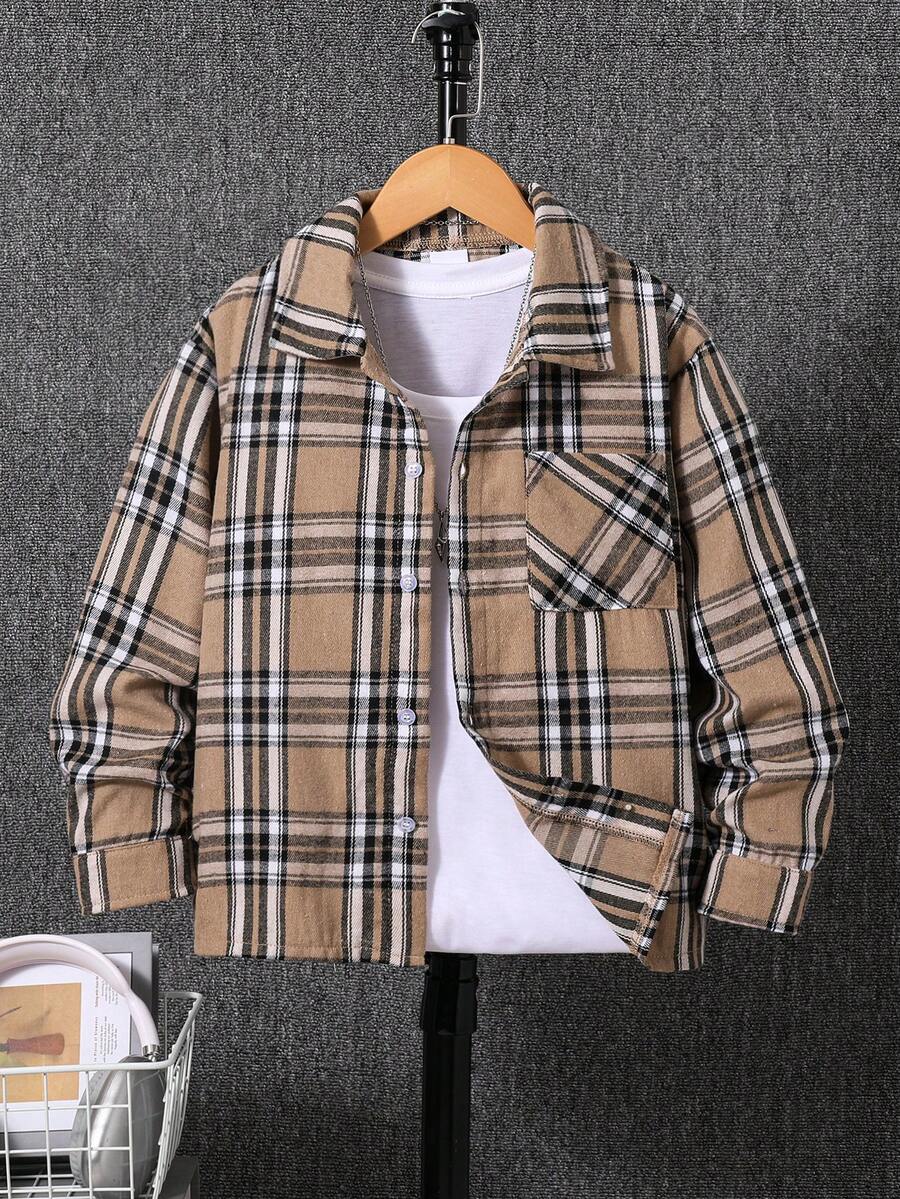 Áo sơ mi kẻ caro kiểu retro cho bé trai, áo cardigan dài tay thời trang thường ngày, thích hợp cho mùa xuân, phù hợp với bé trai tuổi thiếu niên. - Màu Khaki - Xem 1