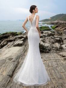 HEARBOBO Elegant Formal Evening Prom Dress, White Lace Sequin Mermaid Fairy Wedding Dress Bridal Wedding Season, Valentine's Day - White - View 4