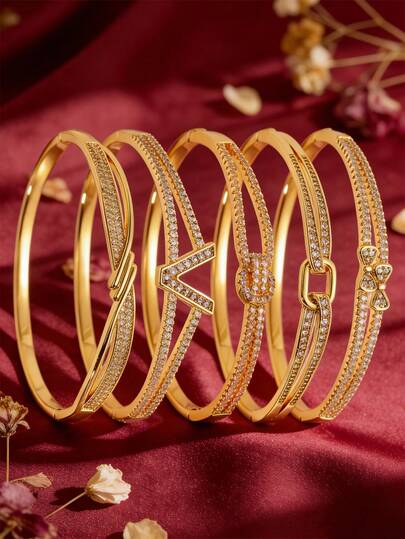 5/1 Pc - Luxurious And Exquisite Gold-Plated Copper Bracelet, Inlaid With Zirconia, Women's Light Luxury Bow/Geometric Design, Light Luxury Style Open Bracelet, High-End And Versatile, Suitable For Commuting.