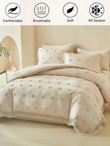 Bộ ga trải giường 2/3 món màu kaki họa tiết trái tim, chất liệu polyester jacquard, có tua rua, phong cách Boho hiện đại, mềm mại và thoáng khí, có thể giặt máy, nhiều kích cỡ, trang trí phòng ngủ phong cách Boho (1 ga trải giường + 1/2 vỏ gối, không kèm ruột chăn) - Màu Khaki - Xem 2