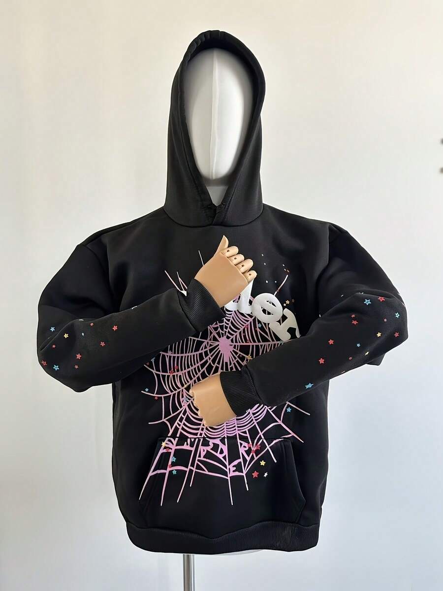 Hip Hop Spider Web Letter Print Hoodie  Style, Long Sleeve, Loose Fit, Suitable For Daily & Casual Wear - 黑色 - 查看 1