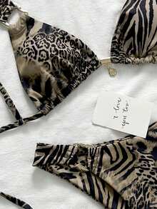 2025新款女士豹纹拼接优雅露背系带沙滩度假比基尼套装 - 彩色 - 查看 6