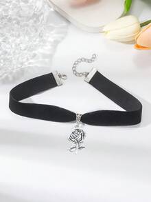 1件装女士深色山茶花吊坠短款复古哥特式颈链 - 黑色絲絨山茶花 - 查看 6