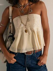 Women Chiffon Lace Tube Top Y2k Floral Embroidery Strapless Backless Bandeau Shirt Cute Summer Flowy Going Out Crop Tops Streetwear - Màu be - Xem 1