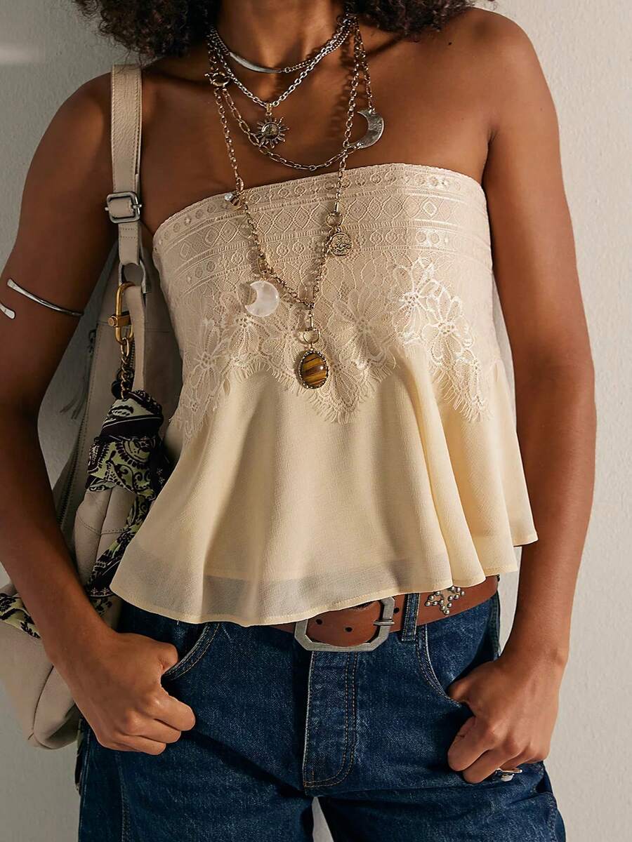 Women Chiffon Lace Tube Top Y2k Floral Embroidery Strapless Backless Bandeau Shirt Cute Summer Flowy Going Out Crop Tops Streetwear - Màu be - Xem 1