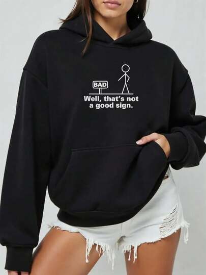 Humorous Women'S Hooded Sweatshirt With Stick Figure Graphic - Features An Oversized Kangaroo Pocket, Soft Loose Fit, Perfect For All Seasons, Machine Washable Black Sweater Ideal For Lounging And Casual Wear, Unisex Streetwear With A Sarcastic Desi