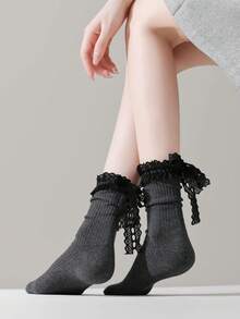 1双日式甜美蕾丝边饰长袜，蝴蝶结系带纯色芭蕾长袜，女士款 - 彩色 - 查看 4
