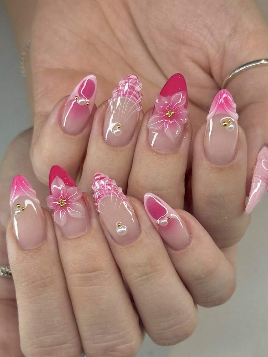 Bộ 24 móng giả màu hồng đậm kiểu Pháp, dáng hạnh nhân cỡ trung bình, họa tiết hoa 3D và vỏ sò hình sóng, hoàn hảo cho ngày Valentine hoặc các bữa tiệc trên bãi biển. Bao gồm 1 lọ keo dán móng và 1 dũa móng. - Màu Hồng Tươi - Xem 1