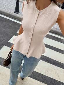 Women's Apricot Round Neck Sleeveless Ruffled Hem Knit Top, New Solid Color Simple Elegant Commuter Cardigan, Casual Slim Fit Ribbed Knit Vest Summer - Apricot - View 7