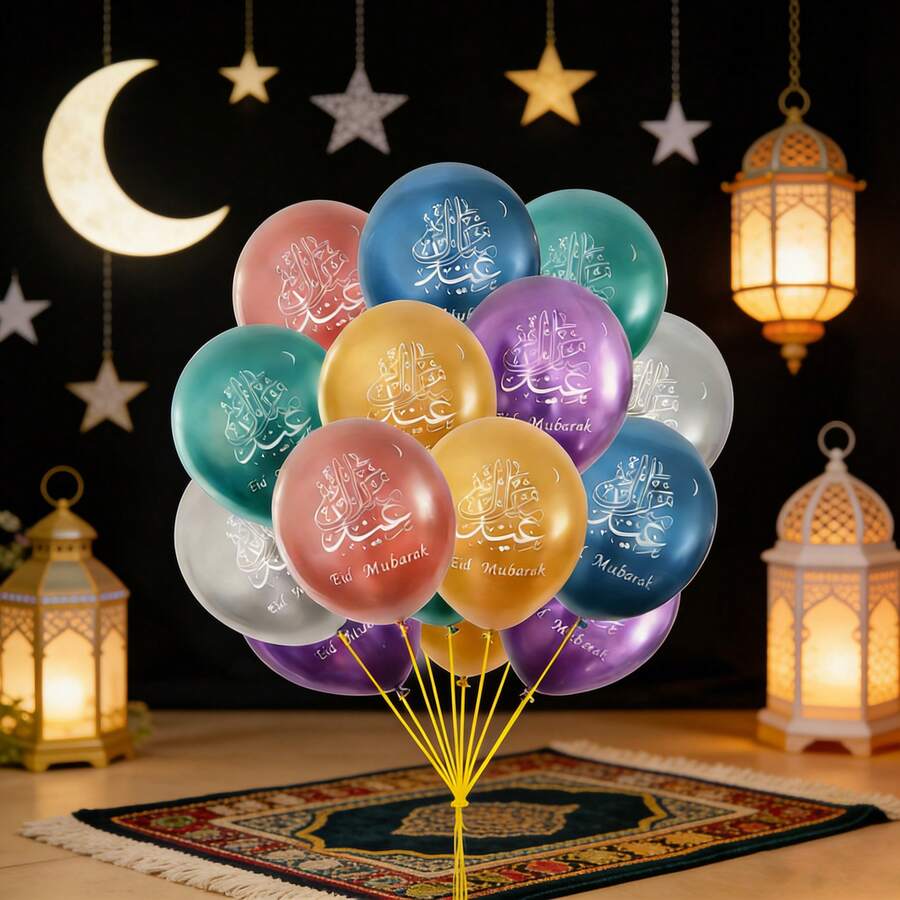 Conjunto de 10 balões decorativos para Eid Mubarak, Hajj, Ramadan Kareem, Festival, com estrelas e lua. - Multicolorido - Ver 1