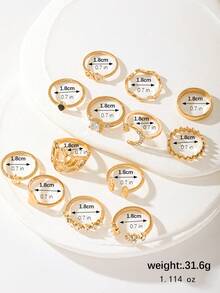 13pcs Bohemian Style Gold Tone Ring Set: Infinity Symbol, Airplane, Star, Moon, Lotus, Pearl, Rhinestone Stackable Rings, Suitable For Women's Daily And Party Wear, Fashionable Jewelry