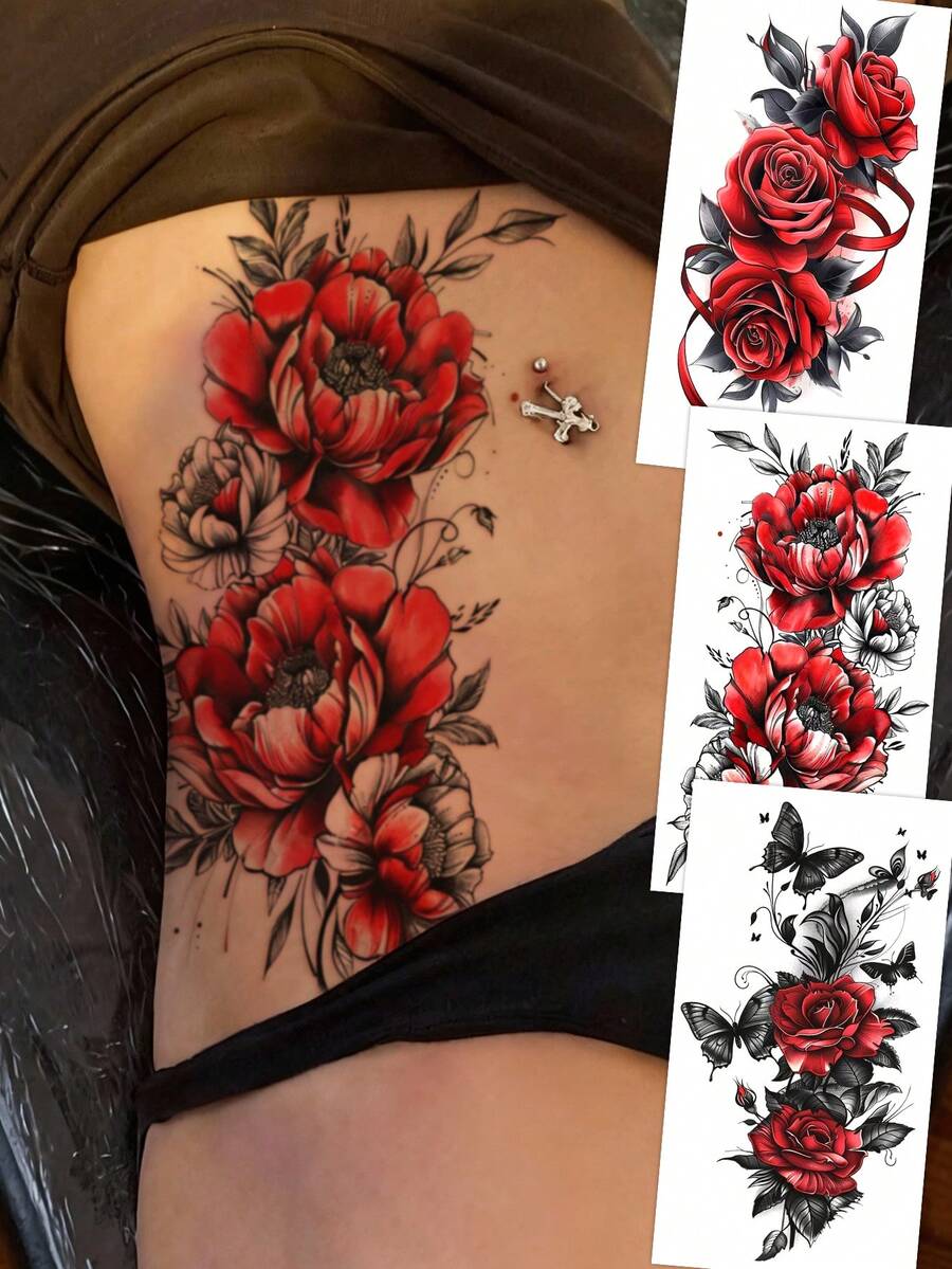 3 Colorful Flower Butterfly Temporary Tattoos For Women Long-Lasting Realistic Waterproof Fake Tattoos Arm Legs Chest Body Art Sketch Tattoo Stickers - Multicolor - View 1