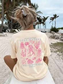 Women's Summer New Simple Cute Marine Life Print Casual Vacation Style Loose Versatile Round Neck White Short-Sleeved T-Shirt Fashionable Daily Tops Suitable For Daily Vacation Wear. Graphic Tees Women Pink Top-Unisex Comfortable Vintage Street Style Loose-Fit Washed T-Shirt - 杏子 2 - 查看 7