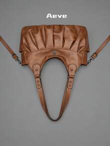 1个女士纯色复古棕色手提包，大容量多拉链口袋手提包，PU双提手便携式户外休闲商务多功能单肩包，缝线防盗斜挎包 - 棕色 - 查看 5