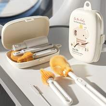 Portable Baby Bottle Brush Set Include Bottle Brush, Nipple Brush, Straw Brush, Drain Rack And Storage Box For Travel Or Trip - Beige - View 2