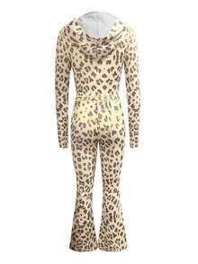 LovelyWholesale Women's Cute Hooded Long Sleeve Letter & Leopard Print Zip-Up Jacket And Flare Pants Set, Spring Break Outfit, Summer Vacation Wear - Yellow - View 6