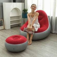 1件PVC植绒充气沙发组合，包含带腿托的慵懒沙发，适合居家、户外、休闲使用，加厚气垫躺椅沙发床，阳台，家用休闲午睡/休息椅，带脚踏的可折叠沙发躺椅 - 彩色 - 查看 5