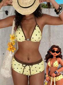 Women's Retro Yellow Polka Dot Print Contrast Color Bikini Swimsuit Set, Suitable For Outing/Birthday/Casual/Y2K/2000s/Millennium/Elegant/Vintage/Streetwear/Vacation/Beach Outfit - Light Yellow - View 3