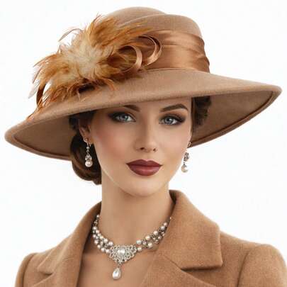 Sombrero de fiesta formal británico de ala ancha de fieltro con plumas 100% lana para mujer de VECRY