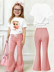 Bộ trang phục thường ngày cho bé gái tuổi teen: Áo thun ngắn tay in hình hoạt hình và quần ống loe. - trắng - Xem 2