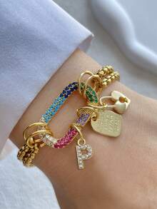 1pc A-Z Initial Chain, Gold-Tone Screw Clasp Link Chain, Colorful Climbing Chain, Stainless Steel Chain, Suitable For Holiday Celebrations And Daily Wear - Yellow Gold - View 12