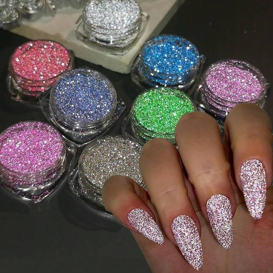 Reflective Glitter Powder Set, 8 Colors Sparkle Diamond Nail Glitter Dust, Silver Pink Purple Green Loose Glitter For Nails, Shiny Sugar Nail Powder Dipping Pigment, Nail Supplies - 8色反光閃粉 - 查看 1