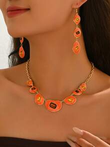 1 Set Of 2pcs Fashionable Classic Bohemian Style Geometric Multi-Color Enamel Inlaid Brown Faux Gemstone Necklace And Earrings Jewelry Set, Suitable For Women's Daily Commute, Social Gatherings, Vacation, Party, Versatile Accessory - Set - View 12