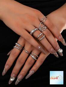 Minimalist Crossing Stackable Ring Set (7 Pcs), Premium Golden Color Metal Chunky Jewelry For Women AQWW - Vàng 3 - Xem 1