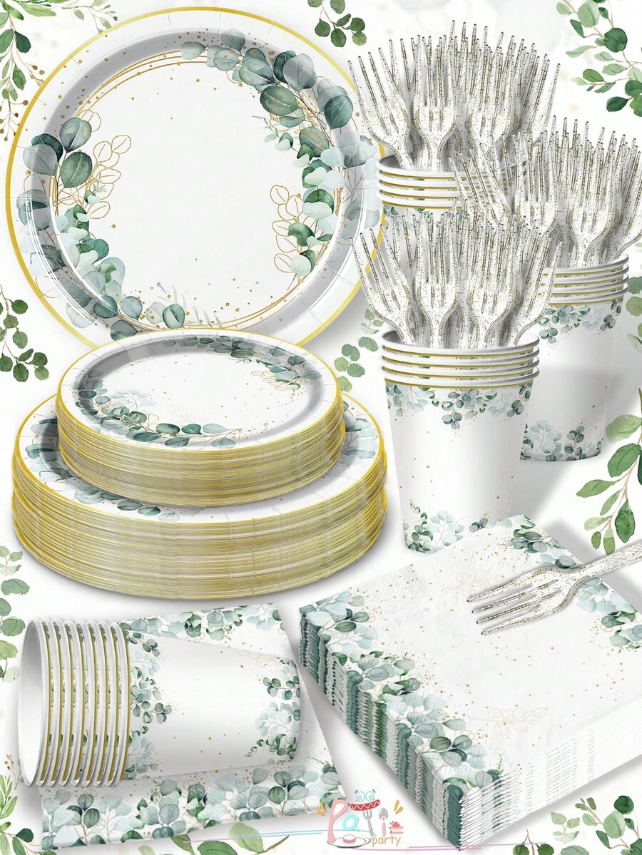 120pcs Eucalyptus Leaf Tableware Set Gift Pack: Paper Plate (350g Thick Paper), Tissues, Paper Cup, Fork, With Exquisite Design, Featuring Eucalyptus Leaf Green And Shiny Gold, And Vivid Eucalyptus Tree Patterns. The Green Round Paper Plate Will Add A Fresh Touch To Your Dining Table Setting. It Can Be Used By 24 People - Multicolor - View 1