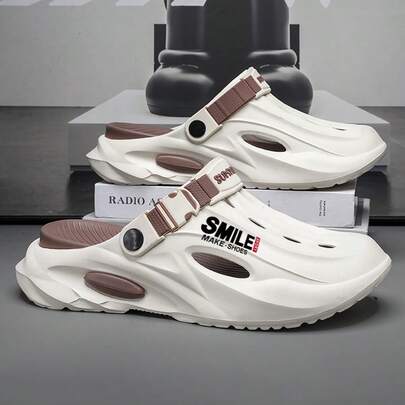 男士时尚新款字母设计前卫度假运动EVA（乙烯-醋酸乙烯酯共聚物）搭扣情侣透气凉鞋，户外室内沙滩度假春夏高级柔软防滑防臭花园鞋