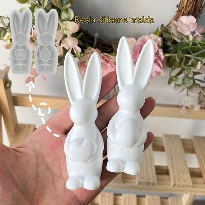 DIY粘土模具复活节兔子拥抱爱心和彩蛋摆件模具，适用于制作树脂、石膏、蜡烛、香氛工艺品，长耳朵兔子家居装饰桌面硅胶模具