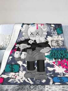 1pc Kawss Kawaii Kaw Anime Glam Style Flannel Blanket Super Soft Warm Bed Blanket Sofa Bedding Bedroom Sofa Office Car Four Seasons Cozy Shaggy Blanket Girls Boys Adult Gift - màu đen - Xem 1