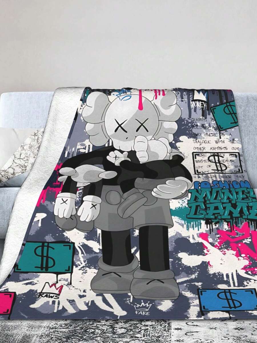 1pc Kawss Kawaii Kaw Anime Glam Style Flannel Blanket Super Soft Warm Bed Blanket Sofa Bedding Bedroom Sofa Office Car Four Seasons Cozy Shaggy Blanket Girls Boys Adult Gift - màu đen - Xem 1