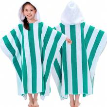 Terry Cloth Hooded Towel Poncho (8-16Years), 1OO% Cotton Thick Soft Absorbent Poncho Towel Robe For , Perfect For Pool, Beach, Bath And Gifts, Aqua White Stripe - Tc-aqua - View 1