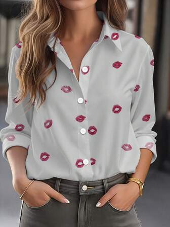 Nueva camisa de mujer con estampado de corazón, de manga larga, elegante cárdigan de una sola hilera con cierre de botón delantero, adecuado para primavera y otoño