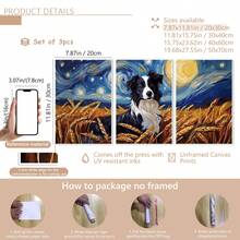 Conjunto de 3 peças de mural de parede em tela com Border Collie em céu estrelado, pôster com estampa de cachorro em aquarela, adequado para decoração de casa, decoração de quarto, decoração de sala de estar, decoração de banheiro, decoração de parede, arte de parede opcional com moldura.