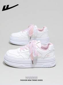 1双 WARRIOR 女士厚底系带软底休闲鞋，低帮户外平底鞋，圆头低跟防滑纯色优雅软底徒步鞋，适合学生、毕业照、平底鞋、女士低帮皮质运动滑板鞋 - 白/粉紅 - 查看 4