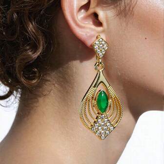 1 Pair Elegant Arabic Women Hollow Earrings, Golden Line Teardrop Shape, European & American Palace Style Women Earrings, Suitable For Banquet, Wedding, Traditional Festivals