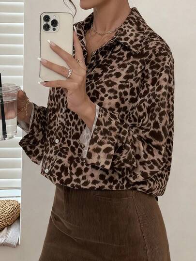 Camisa de leopardo de talla grande para mujer EARO, de manga larga, longitud regular, tela sin estiramiento, blusa casual