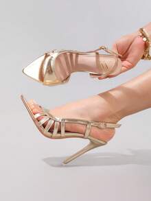 香槟色派对高跟凉鞋，性感尖头露趾正式舞会晚宴鞋，金属光泽细高跟时尚女式凉鞋 - 香檳色 - 查看 6