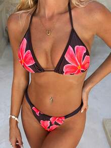 Bộ bikini nữ - Họa tiết hoa retro, hai mảnh, áo ngực tam giác, quần cạp cao xếp ly, đồ bơi gợi cảm cho kỳ nghỉ hè trên bãi biển. - Nhiều màu - Xem 2