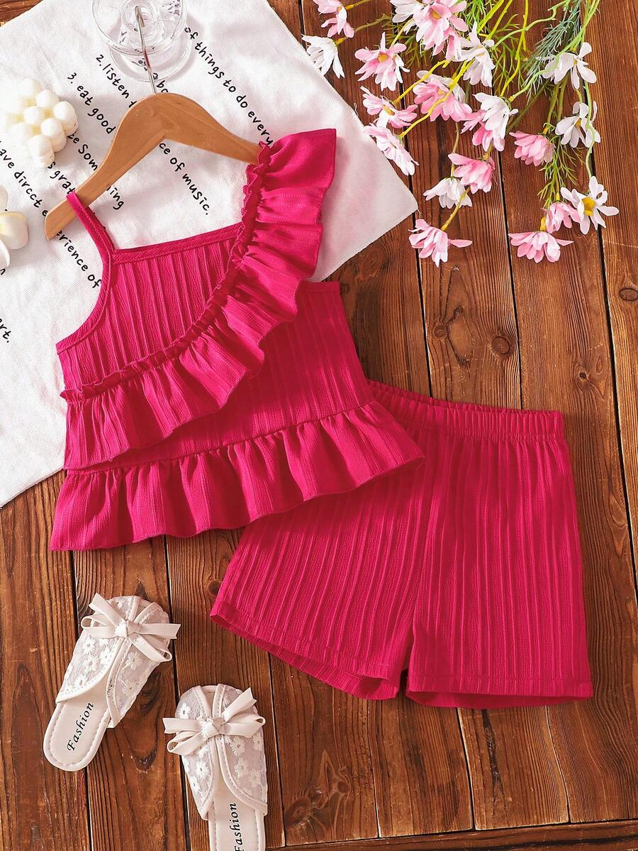 2件套 女童荷叶边吊带上衣+高腰短裤，粉色，春夏款 - 玫紅色 - 查看 1