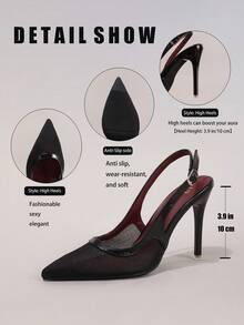 时尚蕾丝拼接黑色高跟鞋，性感尖头派对晚宴鞋，超高跟踝带细跟凉鞋，女士 - 黑色 - 查看 3