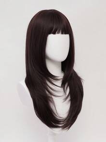 XYUNMI Deep Red Straight Long Wig 26 Inches With Airy Bangs French-Style Fashionable Natural Layered Design Synthetic Fiber Wig Suitable For Daily Wear Perfect For Dates, Photoshoots, Cosplay, Elegant Parties, Valentine's Day, Music Festivals, Casual Gatherings, And Shopping Women's Heat-Resistant Wig - Redwood - View 9