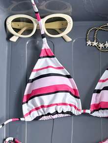 Bộ bikini 2 mảnh mới dành cho nữ, kiểu dáng hở lưng, in họa tiết hoa và sọc phối màu tương phản, điểm nhấn kim loại. - Hồng - Xem 5